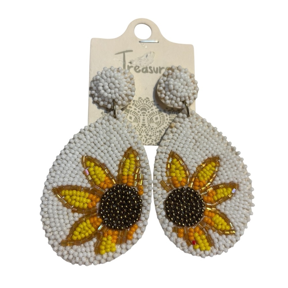 NEW Sunflower Seed Beaded Earrings Yellow Brown Treasure Rice & Seed Beads